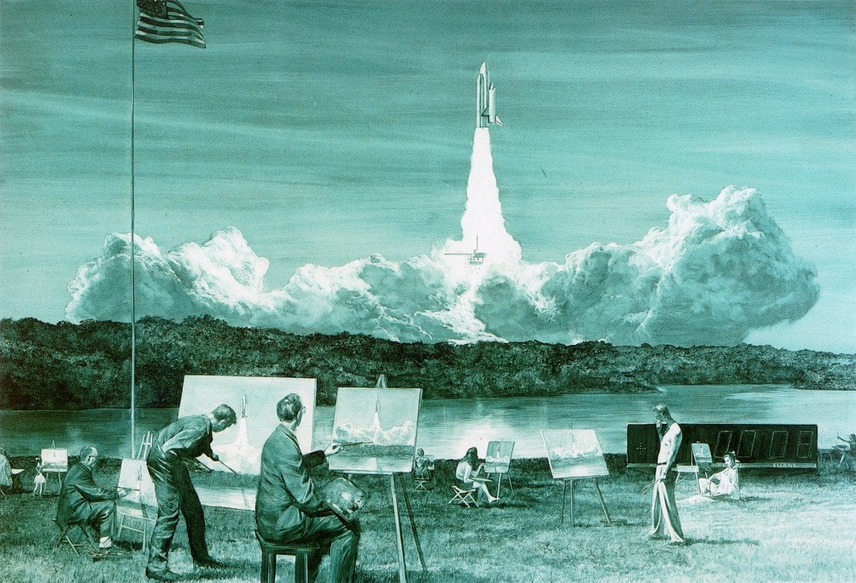 Mark Tansey, Action Painting II, 1984. Oil on canvas. A group of painters in a field attempt to capture a rocket launch on canvas.